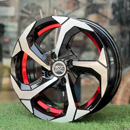 13 inch black and red alloy rim, black red motion rim Pakistan, Mehran 13 inch rims, Alto red black alloy wheels, stylish car rims Pakistan, Saif Traders alloy rims